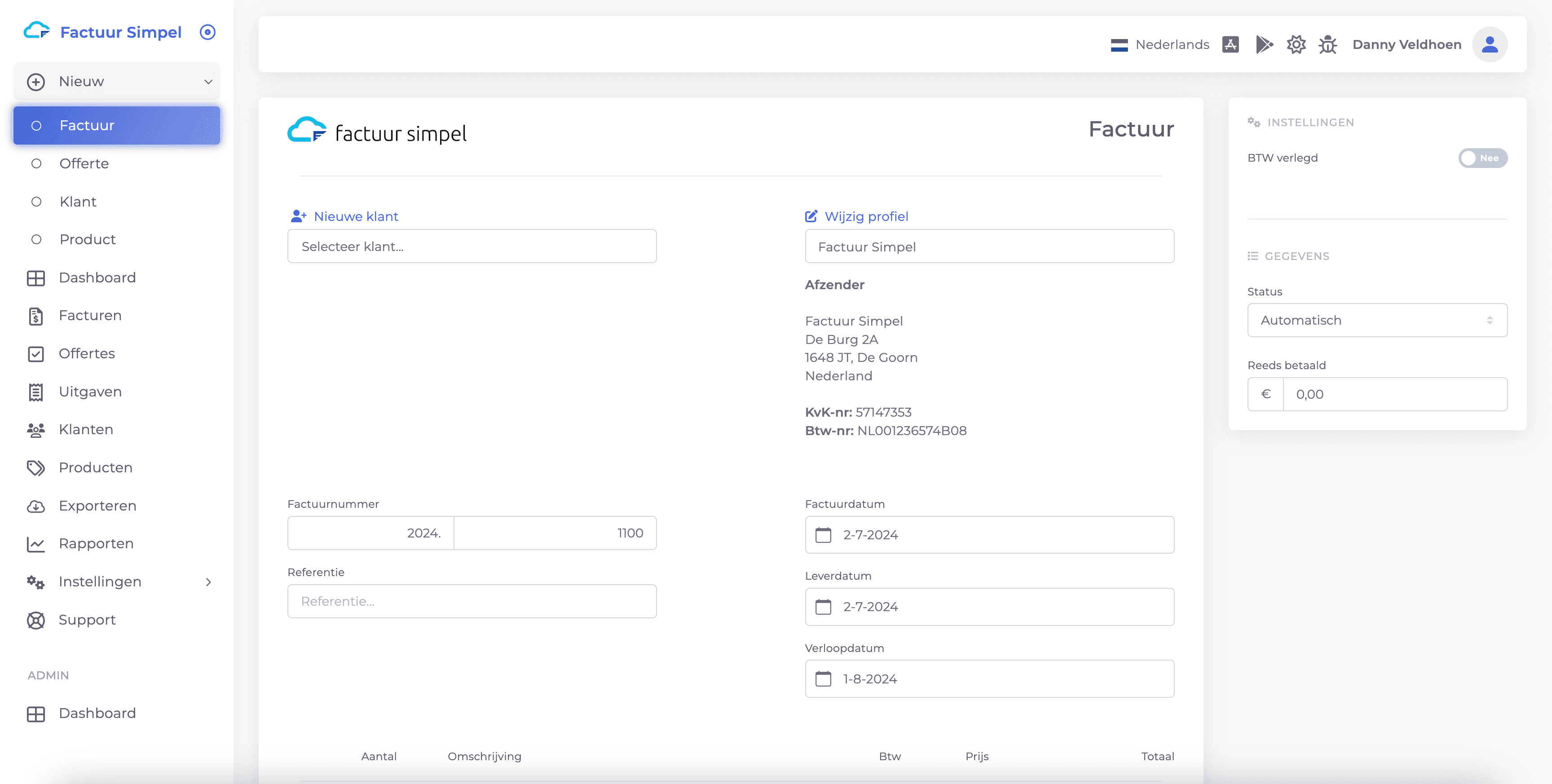 Voorbeeld van een professionele factuur gemaakt met Factuur Simpel