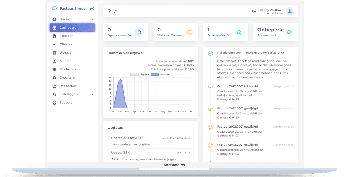 Factuur Simpel dashboard met factuuroverzicht en statistieken